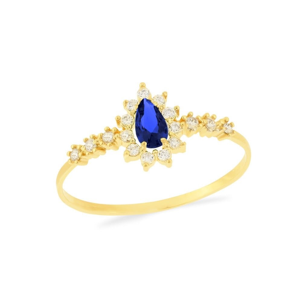 Anel de prata 925 com banho de ouro gota azul