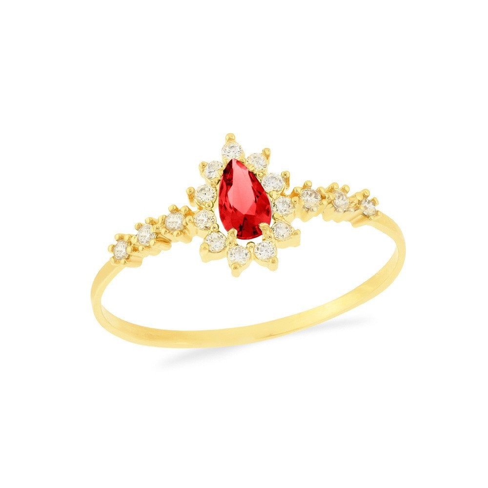 Anel de prata 925 com banho de ouro gota vermelha