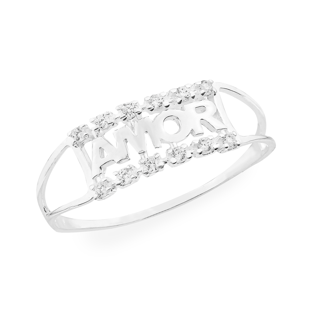 Anel de prata feminino escrita amor e pedras