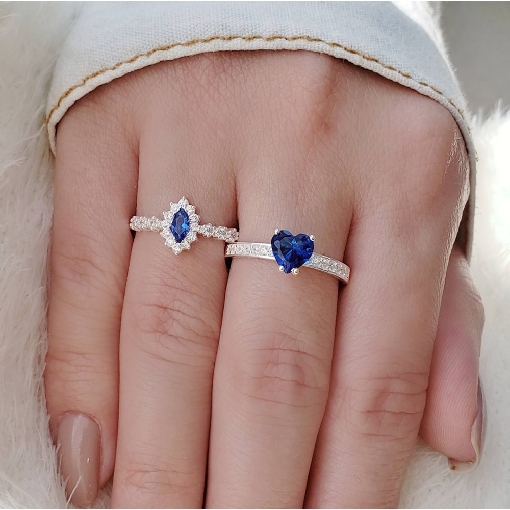 Anel de prata feminino solitário coração azul I