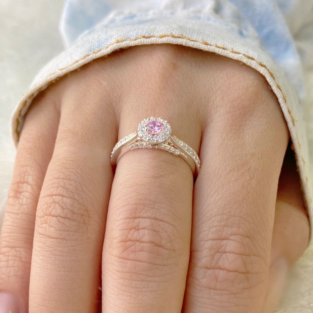 Anel de prata solitário noivado rosa XI