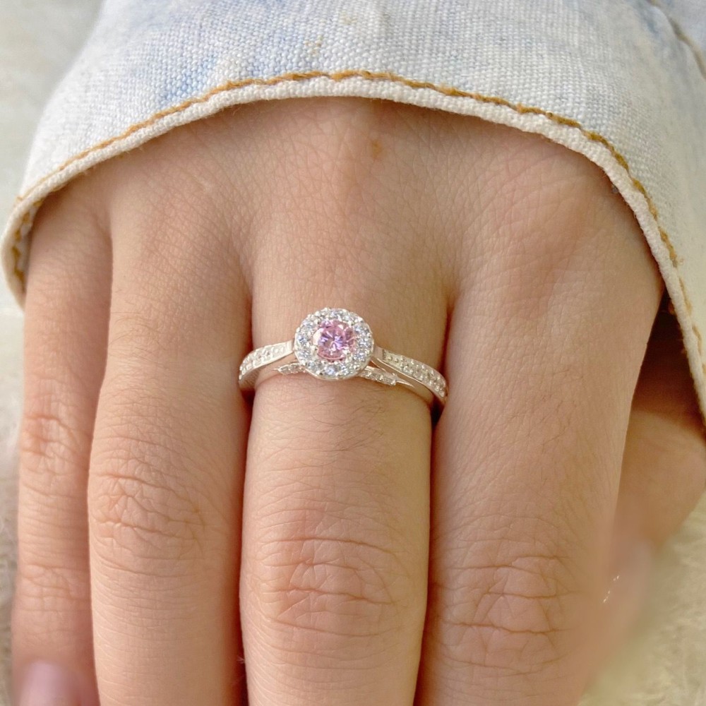 Anel de prata solitário noivado rosa XI