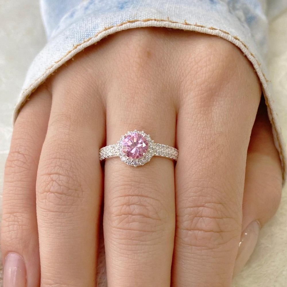 Anel de prata solitário pedra rosa cravejado