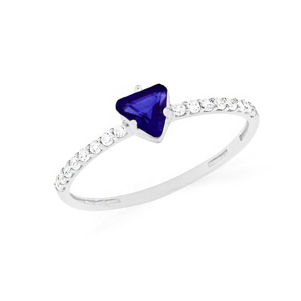 Anel de prata pedra triangulo azul e aro com zircônias 