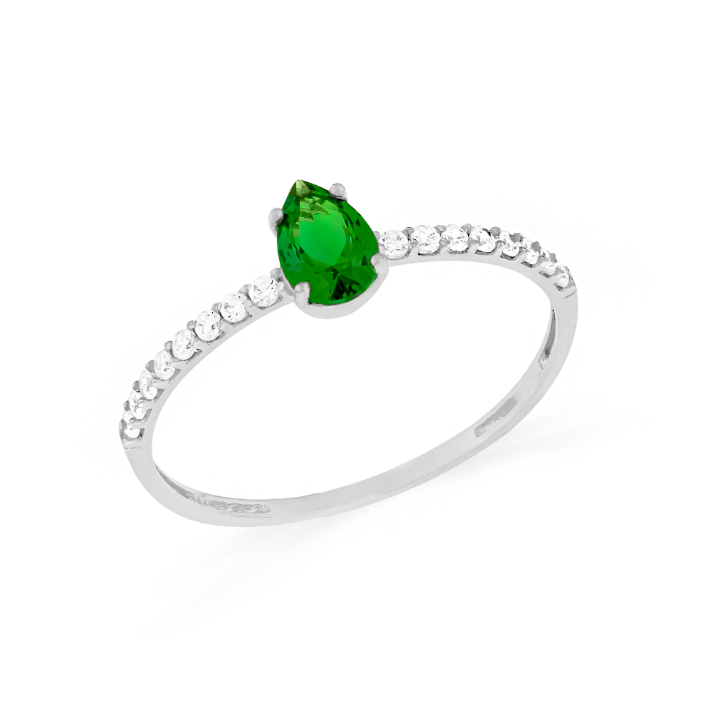 Anel de prata feminino com gota verde e aro zircônias