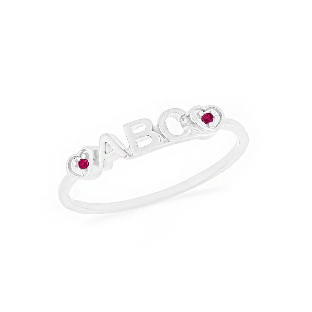 Anel ABC infantil de prata com pedras vermelhas 