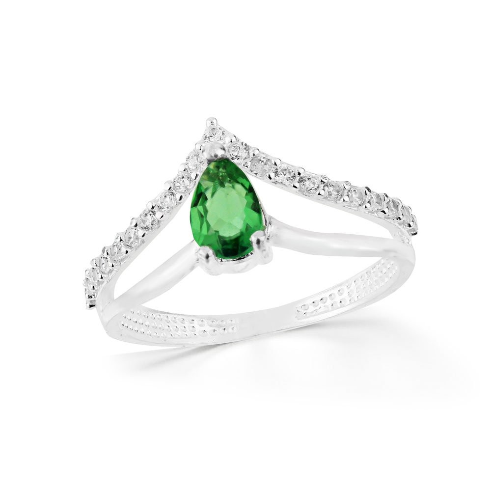 Anel pedra gota verde aro duplo cravejado de prata