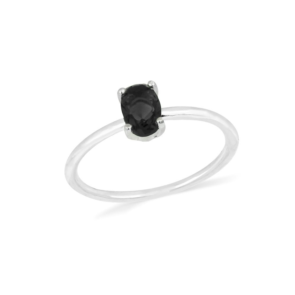 Anel de prata pedra oval preta aro liso