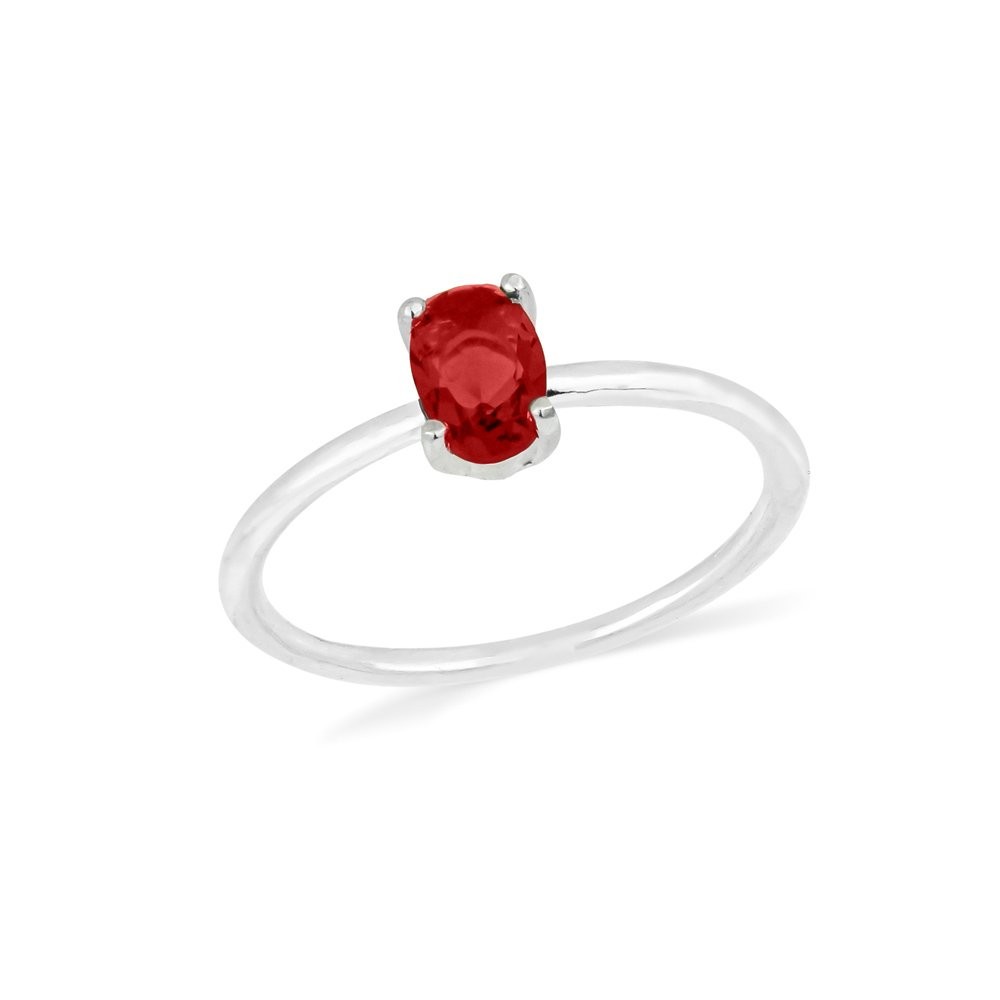 Anel de prata pedra oval vermelho aro liso