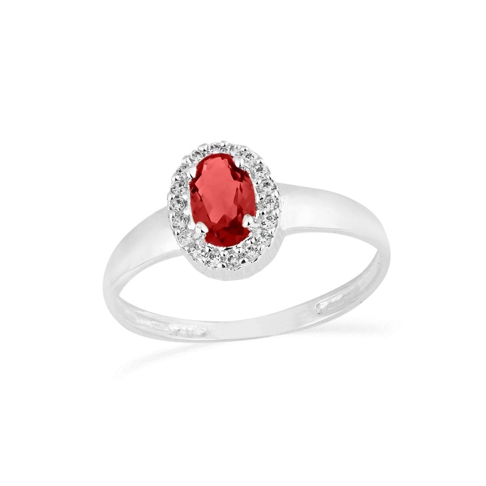 Anel de prata oval vermelha com zirconias