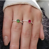 Anel de prata feminino solitário noivado pedra vermelha I