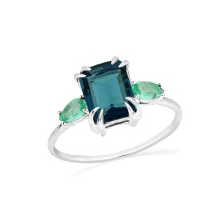 Anel de prata retangular azul gota verde