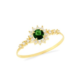 Anel de prata 925 com banho de ouro pedra redonda verde