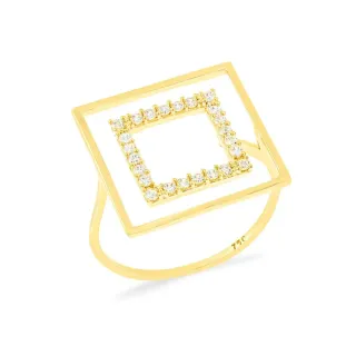 Anel quadrado de prata com banho de ouro com pedras