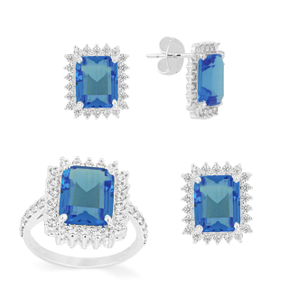 Conjunto de prata pedra retângular azul e zircônias