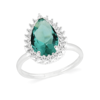 Anel de prata pedra gota verde e zircônias