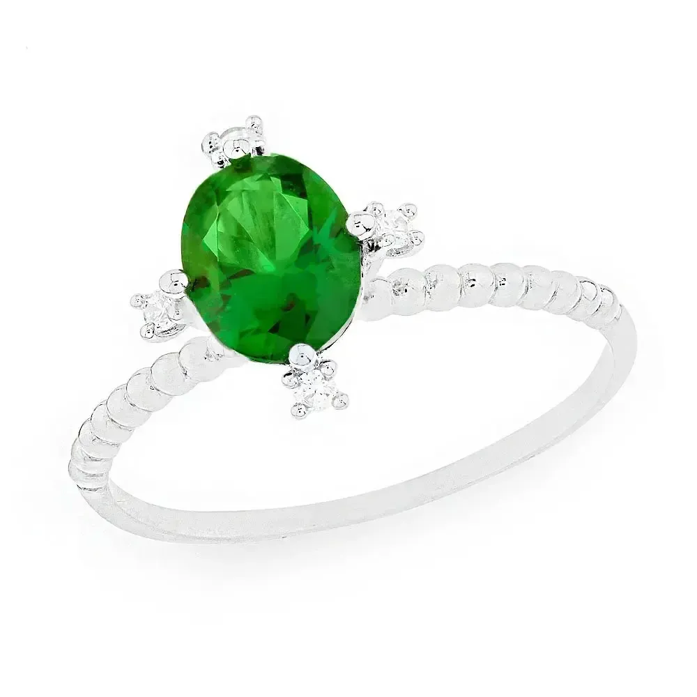 Anel com pedra verde de prata oval aro bolinhas