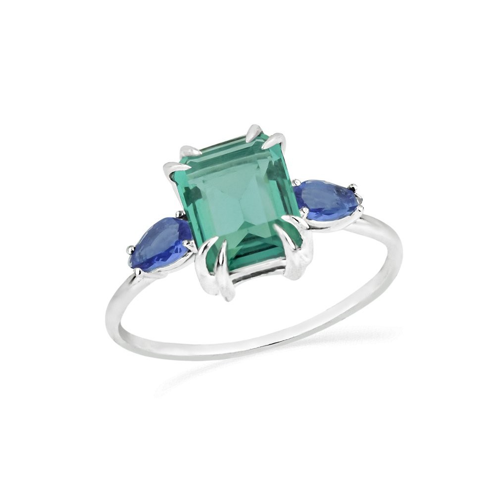 Anel de prata retangular verde gota azul