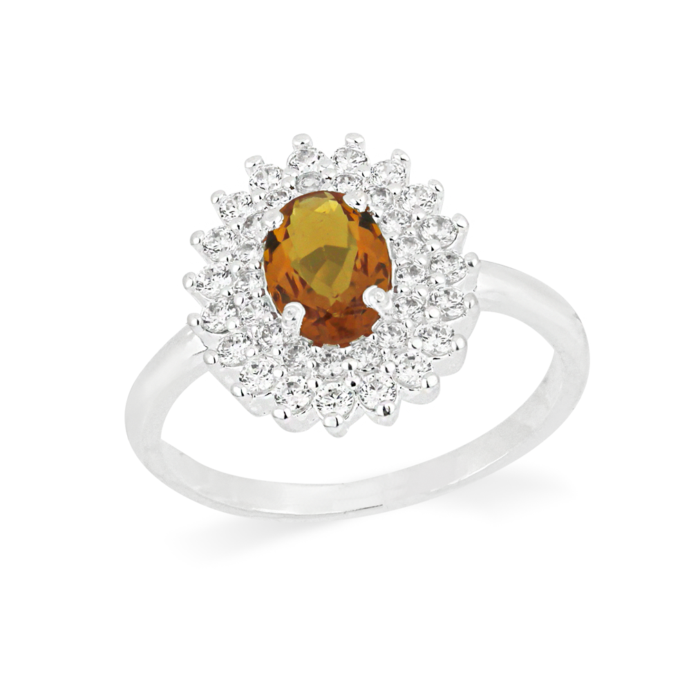 Conjunto de prata pedra oval amarela e zircônias