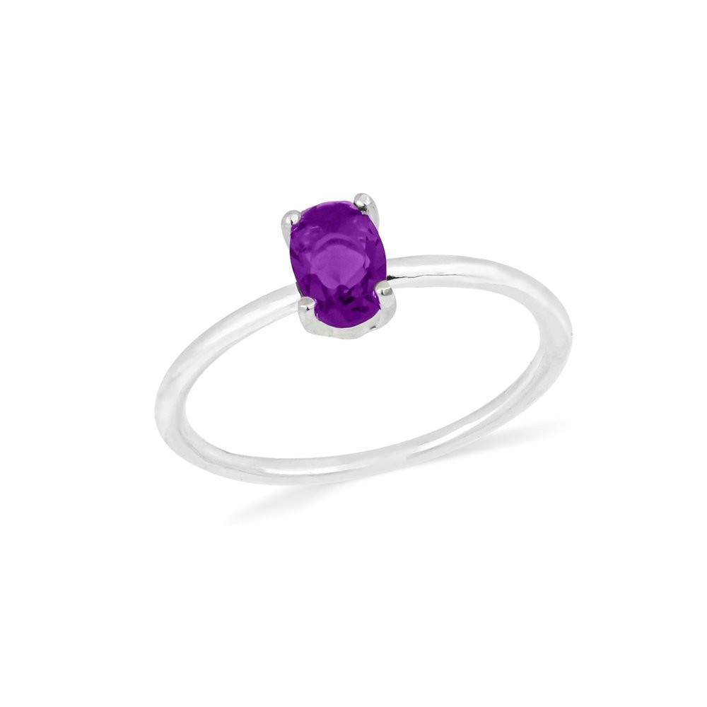 Anel de prata pedra oval roxo aro liso