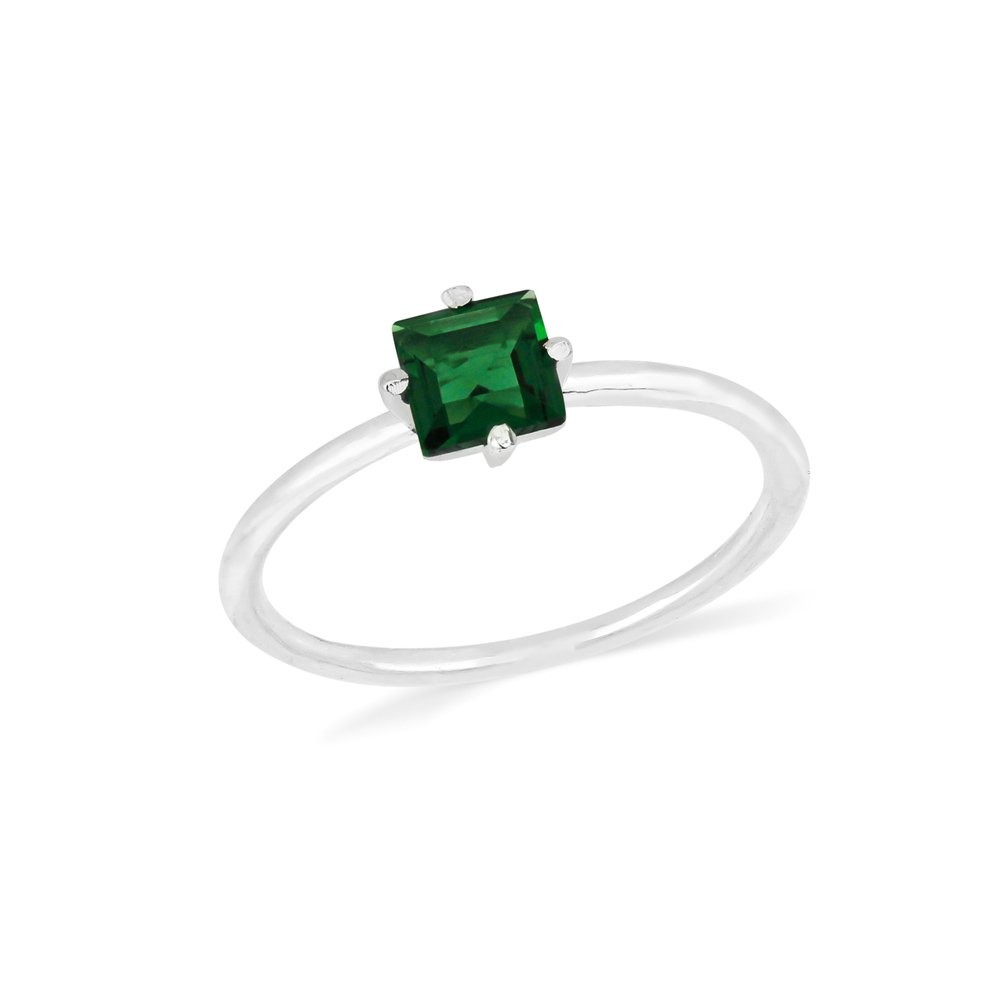 Anel de prata pedra quadrada verde aro liso