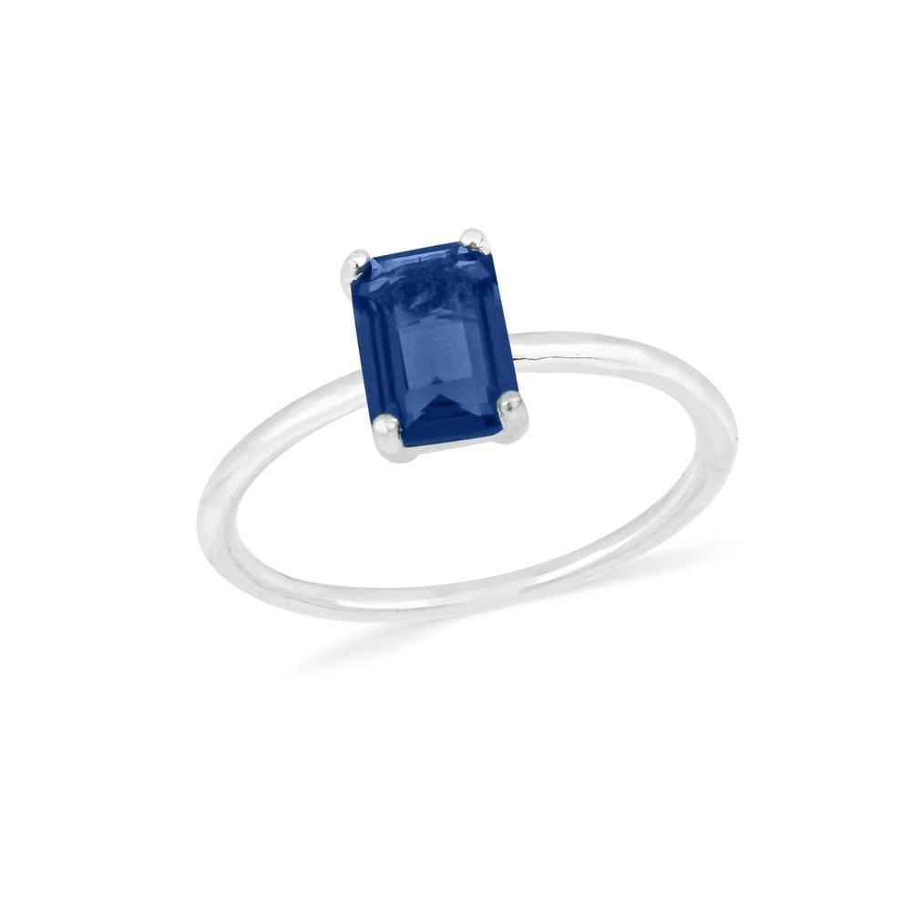 Anel de prata pedra retangular azul aro liso